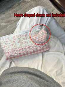 1pc Pink Lace Floral Pencil Case (Without Heart-Shaped Keychain), Unique Large Capacity Stationery Storage Bag, Student Stationery, Back To School Gift, Suitable For Student Exchange - Multicolor - View 8
