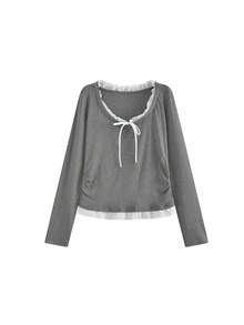 Kaos Lengan Panjang Kasual dengan Ikat Depan dan Lipatan di Pinggang - Grey - View 5