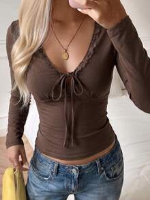 SCARLUX Autumn Y2K Women's Brown Lace Trim V-Neck Long Sleeve Top, Lace-Up Front Slim Fit Cropped T-Shirt, Casual Style - Brown - View 1
