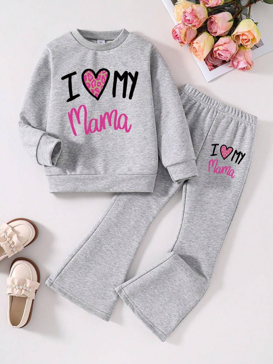 Setelan Sweatshirt Kerah Bulat dan Celana Flare dengan Motif Huruf untuk Remaja Perempuan - Grey - View 1