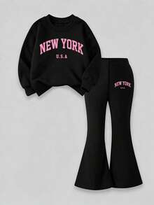 Girls Simple Fashion Letter Print Black Top And Black Pants Sports Set, Autumn/Winter - Black - View 2