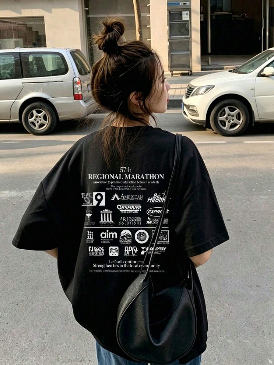 女款休閒寬鬆圓領字母與卡通印花短袖T恤,春夏百搭黑色 - 黑色 - 查看 1