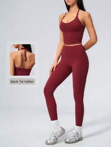 NcmRyu Women's One Set Solid Color Halter Tie U-Neck Backless Cropped Tank Top High Waist Ankle Pants Sports Set - Red - View 1