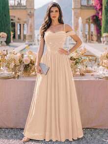 Đầm dạ hội maxi voan chiffon đính sequin ren hoa, trễ vai, gấu nhún, đầm phù dâu, váy dạ hội cưới mùa thu trang trọng - Rượu sâm banh - Xem 1