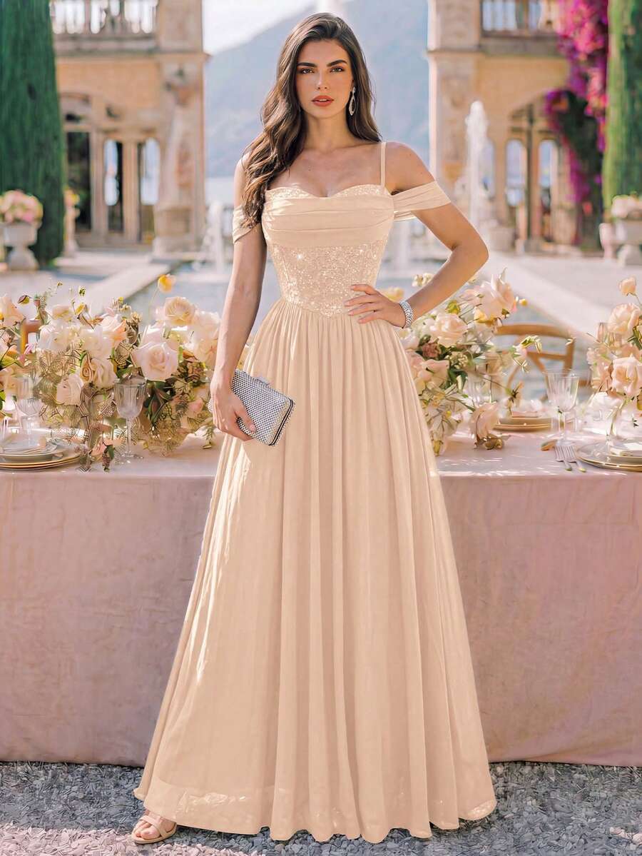 Đầm dạ hội maxi voan chiffon đính sequin ren hoa, trễ vai, gấu nhún, đầm phù dâu, váy dạ hội cưới mùa thu trang trọng - Rượu sâm banh - Xem 1