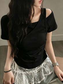 韓式女款夏季不對稱肩 2 合 1 修身百搭拼接短袖 T 恤，黑色休閒 - 黑色 - 查看 7