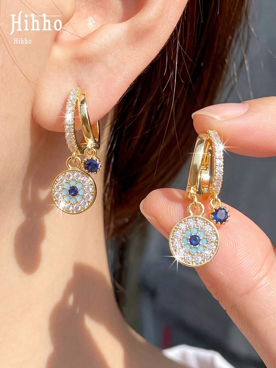 Hihho 1 Pair Luxury Exquisite Devil Eye Round Stud Earrings, Delicate And Lively Women's Ear Jewelry Suitable For Daily Commute, Dinner, Party Wear - Evil Eye - View 1