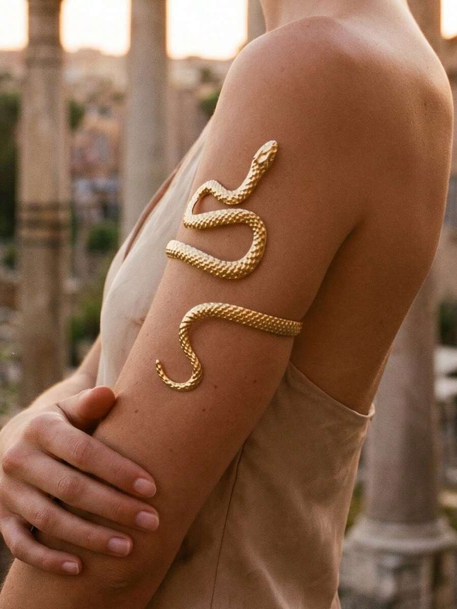 1pc Premium Minimalist Metal Bracelet Jewelry, Unique Design Snake Wrap Party Evening Bangle - Gold - View 1