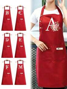 Custom Letter Series Red Background Colorful Letters & Holographic Floral Pattern Cute Printed Apron, Suitable For Parties And Weddings, Peach Skin Fabric, Applicable For Kitchen, Garden, Bathroom, Home Decor - Unique Initial Meaning Style - Multicolor - View 2