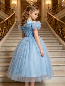 4pcs/Set Girls Light Blue Floral Pattern Tulle Petal Sleeve Dress, Crown, Magic Wand, Handbag Set, Children's Role Play Dress Outfit For Party, Christmas, Carnival - Light Blue - View 6