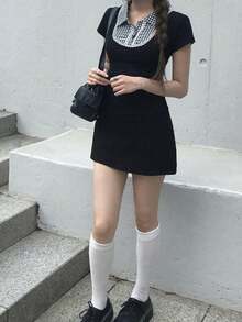 女款格紋拼接拼色休閒百搭日常短袖T恤 - 黑色 - 查看 11