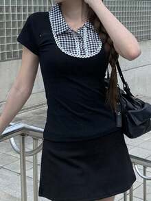女款格紋拼接拼色休閒百搭日常短袖T恤 - 黑色 - 查看 2