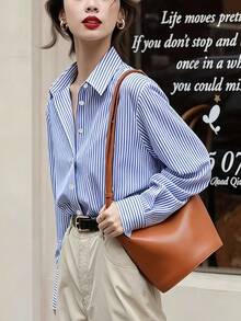 Women's Blue & White Striped Long Sleeve Shirt Collar Blouse, Collegiate Style Polyester Top, Autumn Fashion Choice - Blue - View 9