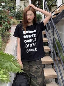 Camiseta de manga corta holgada e informal para mujer, estilo urbano moderno y fresco, diseño con estampado de letras, tela adecuada para el uso diario en verano, top casual versátil. - Negro - Ver 3