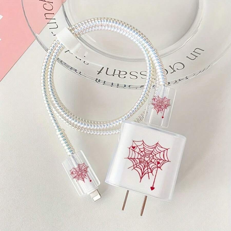 5 buah Pelindung Kabel Charger Bentuk Hati Jaring Laba-laba, Kompatibel dengan Charger Apple 18-20W - MultiWarna - View 1