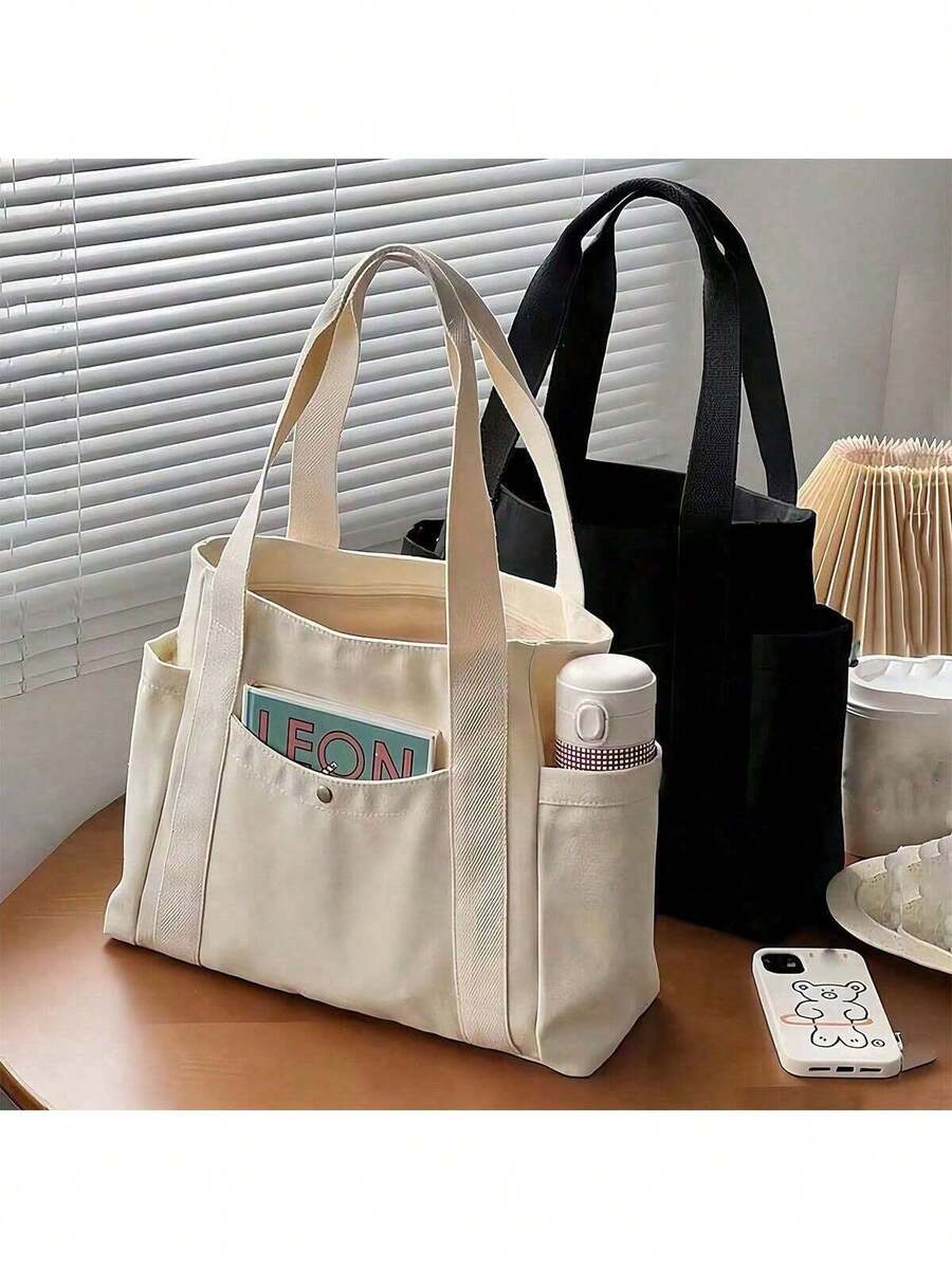 2 Large Capacity Canvas Tote Bags, Multi-Pocket Shoulder Bags, Reusable Shopping Bags, Comfortable Handles, Easy To Carry, Suitable For Daily Use And Gifts, Portable Handbags, Applicable For School, Work, Travel And Shopping - Multicolor - View 1
