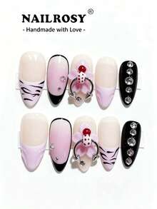 nailrosy 10片手工亚克力压制3D花朵短杏仁形透明彩色假指甲，适合婚礼、生日派对、Y2K风格、可爱法式美甲 - 彩色 - 查看 11