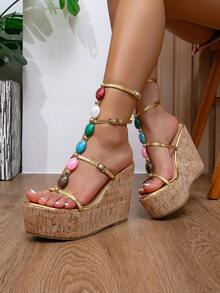 Women's Colorful Decorative Buckle Ultra High Heel Wedge Platform Sandals - Gold - View 2