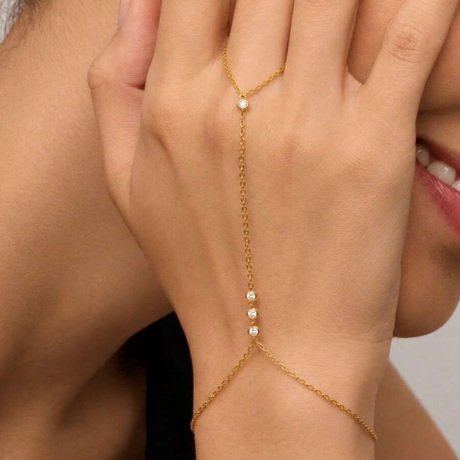 TUANZISP 1pc Minimalist Gold T Hand Chain Finger Bracelet Elegant Boho Beach Vacation Wedding Party Jewelry Gift For Women - Gold - View 1
