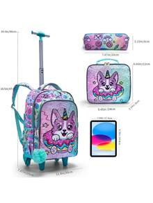 BLING BABIES 3PCS Teens Wheeled Travel Bag, Double-Sided Green Cartoon Puppy Sequins Design Bookbag For Students, With Handbag And Pen Bag Nighttime Reflective - Green - View 3