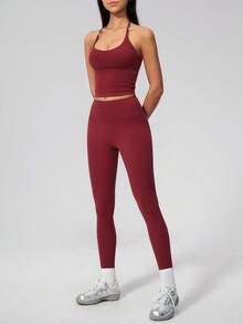 NcmRyu Women's One Set Solid Color Halter Tie U-Neck Backless Cropped Tank Top High Waist Ankle Pants Sports Set - Red - View 9
