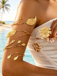 1 pieza/3 piezas Brazalete abierto con hoja de margarita, brazalete de metal estilo vacaciones de playa, accesorio de brazo de nicho de alta gama - Amarillo dorado - Ver 1