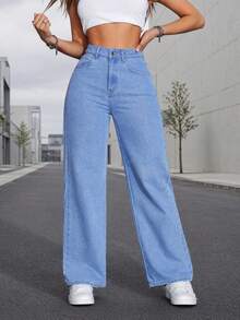 Jeans casuales de pierna recta y corte holgado para mujer, Pantalones vaqueros para mujer de pierna ancha y ajuste holgado con bolsillos para uso diario - Azul - Ver 4