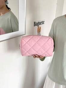 時尚多功能絎縫刺繡格紋加厚化妝包 學生鉛筆袋 波點圖案 休閒手拿包 保暖羽絨小包 - 粉色 - 查看 8