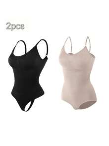 2Pcs High Waist Tummy Control Thong Bodysuit Figure - 黑杏 - 查看 6