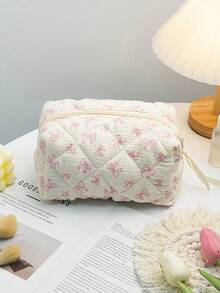 Cute Bow Knot Makeup Bag, Bow Knot Pattern Toiletry Bag, Travel Storage Zipper Pouch, Quilted Makeup Bag, Fashionable Foldable Commuter Makeup Brush Storage Bag, Aesthetic Makeup Bag - A - View 5
