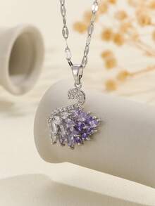 1pc Exquisite Luxury Zirconia Colorful Swan Pendant Silver Women's Necklace Suitable For Daily Wear, Dating, Party. - Silver - View 7