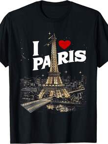 Adoro la Torre Eiffel di Parigi, in Francia. Questa divertente T-shirt girocollo con stampa francese presenta un design elegante ed è casual e comoda, rendendola ideale per gli ama - nero - Visualizzare 1