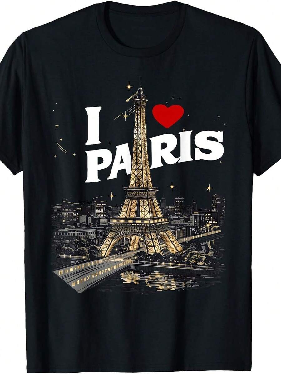 Adoro la Torre Eiffel di Parigi, in Francia. Questa divertente T-shirt girocollo con stampa francese presenta un design elegante ed è casual e comoda, rendendola ideale per gli ama - nero - Visualizzare 1
