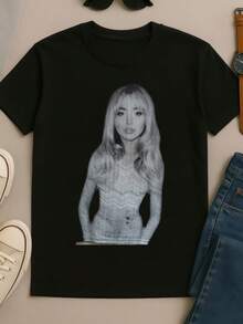 Minimal Line Art Female Portrait Retro Vintage Bootleg Unisex Graphic T-Shirt - Black - View 1