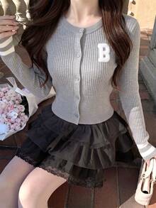 秋冬新款韓式甜美休閒針織開襟衫女款，適合日常通勤秋季穿搭 - 灰色 - 查看 2