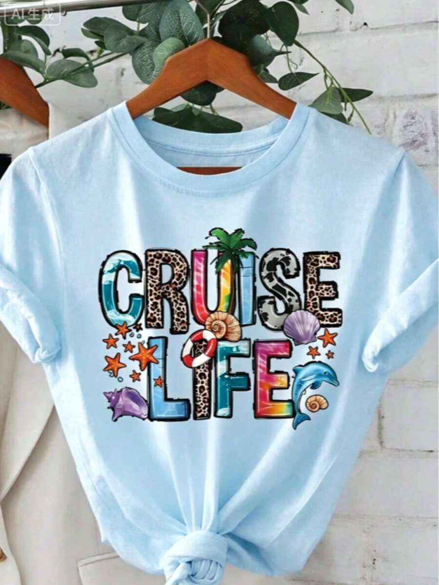 Women "Cruise Life" Summer Vibe Letter Print Short Sleeve Crew Neck T-Shirt-White And Navy Off-The-Shoulder Cropped Top Thanksgiving And Christmas - 淺藍色 - 查看 1