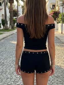 Women Summer Matching Set Off The Shoulder Studded Short Sleeve Top And Low Rise Micro Shorts 2 Piece Lounge Set - 黑色 - 查看 6