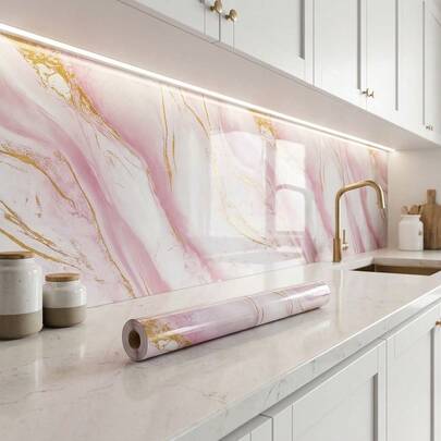 1 Roll Pink & Gold Marble Contact Paper, Self-Adhesive Waterproof Peel And Stick Wallpaper, Removable Vinyl Film, Princess Room Decor, For Bedroom Walls, Furniture, Countertops And Floors Refurbishment, Room Decor, Home Decor, Kitchen Decor, Wall Decor