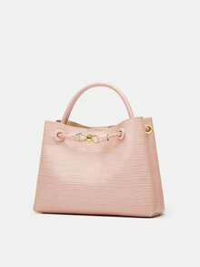 Stone Texture Shoulder Handbag With Metal Rope Buckle, Niche Design Large Capacity Crossbody Bag - Pink - View 6