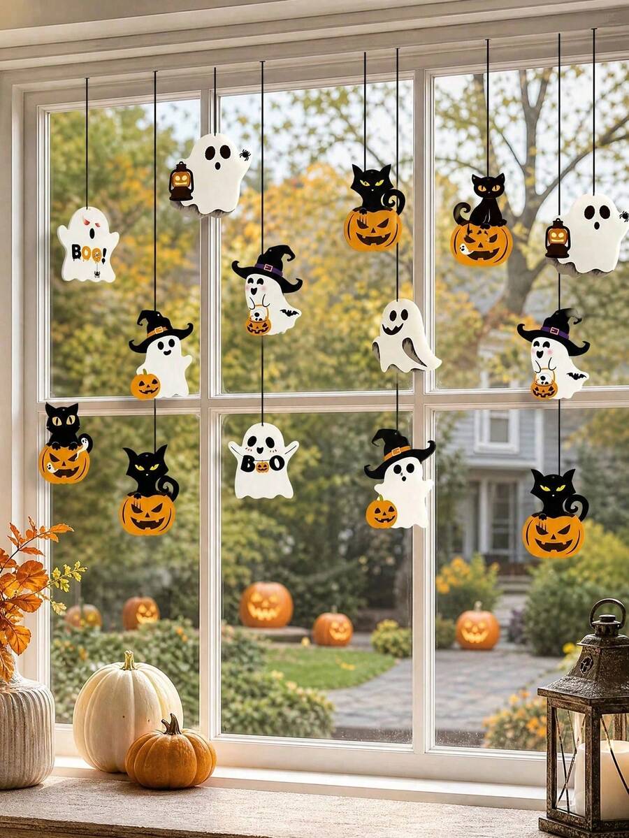12pcs-Cute Paper Halloween Ghost Decorations, Party Decor, Horror Theme Decor, Tree Hanging Ornaments, Haunted House Party Decor, Holiday Hanging Decor, Ghost Decor, Classic Halloween Theme - Multiple Styles - View 1