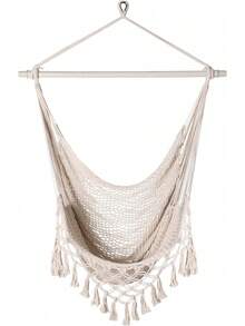 Hamaca de cuerda de algodón tejida a mano con barra separadora de metal, silla colgante para interiores y exteriores con borlas, jardín, patio, habitación, color blanco SandyBeach AAPF - Gris - Ver 7