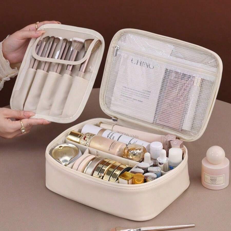 Portable Large Capacity Makeup Bag With Makeup Brush Storage, Waterproof PU Leather Travel Cosmetic Organizer Handheld Toiletry Bag For Women - Multicolor - View 1