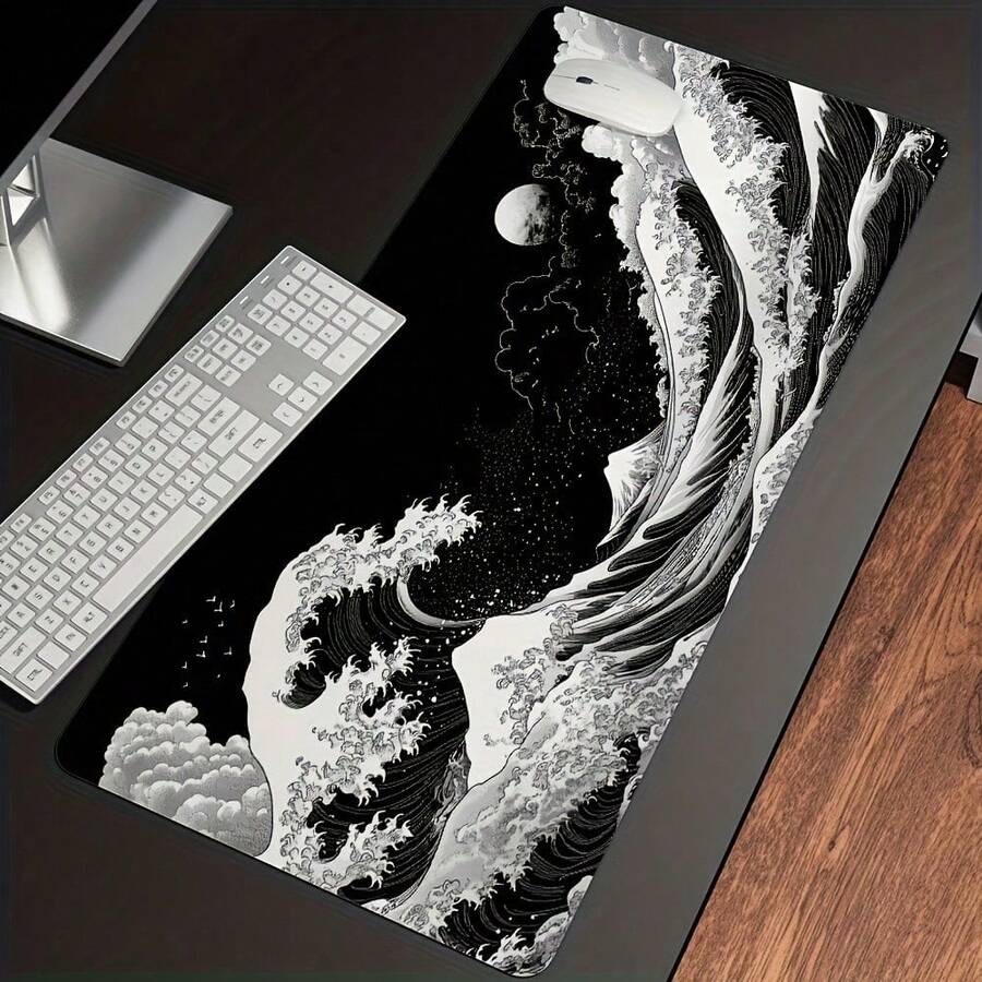 1 Stück extra großes japanisches schwarzes Wellen-Gaming-Mauspad, ergonomisches Design, rutschfeste Gummibasis, japanisches Landschaftsmuster, geeignet für PC und Tablet, langanhaltend glatte Oberfläche, großes Mauspad Schreibtischmatte - A - Übersicht 1