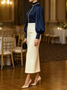 Setelan 2 Potong Wanita Elegan Musim Semi/Gugur, Atasan Lengan Panjang Warna Polos & Rok Warna Polos, Modis dan Romantis - Royal Blue - View 3