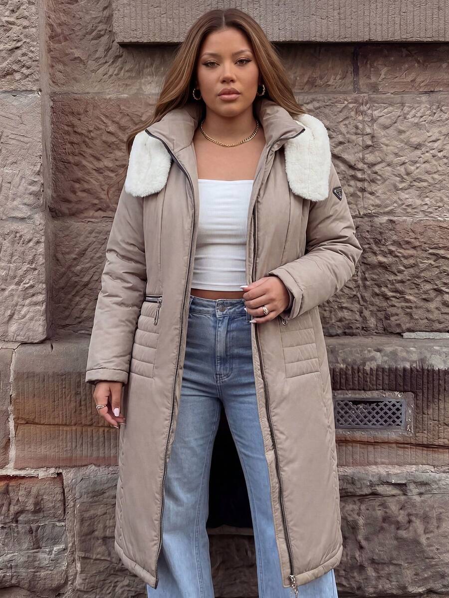 Astrid Plus Size Women's Long Sleeve Zipper Front Long Hooded Winter Coat - Camel - View 1