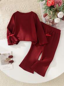 2pcs Baby Girls' Casual Comfortable 3D Bow Decor Round Neck Long Sleeve Top And Matching Flared Pants Set, Spring/Autumn - Redwood - View 2