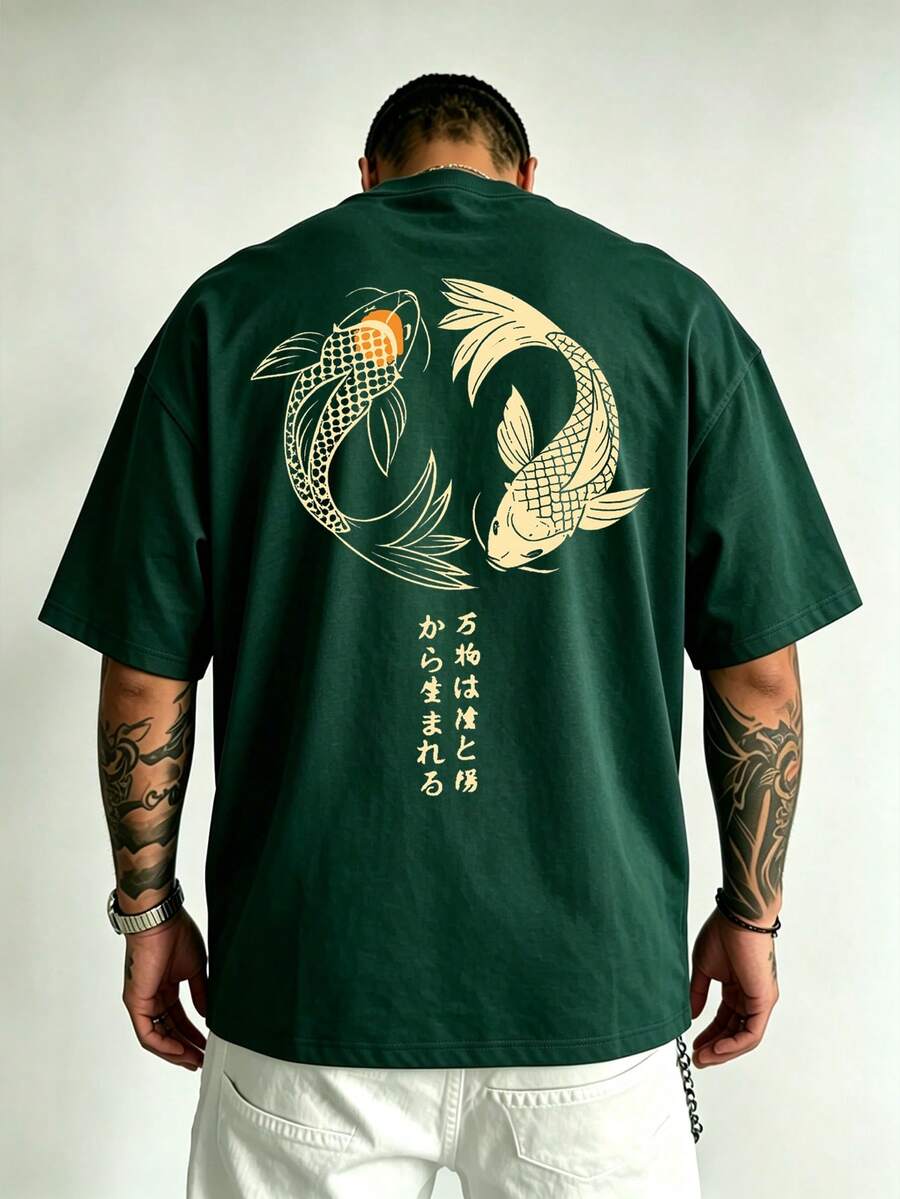 男士大尺碼印花T恤,海軍藍日式錦鯉魚圖案,街頭休閒上衣 - 墨綠色 - 查看 1