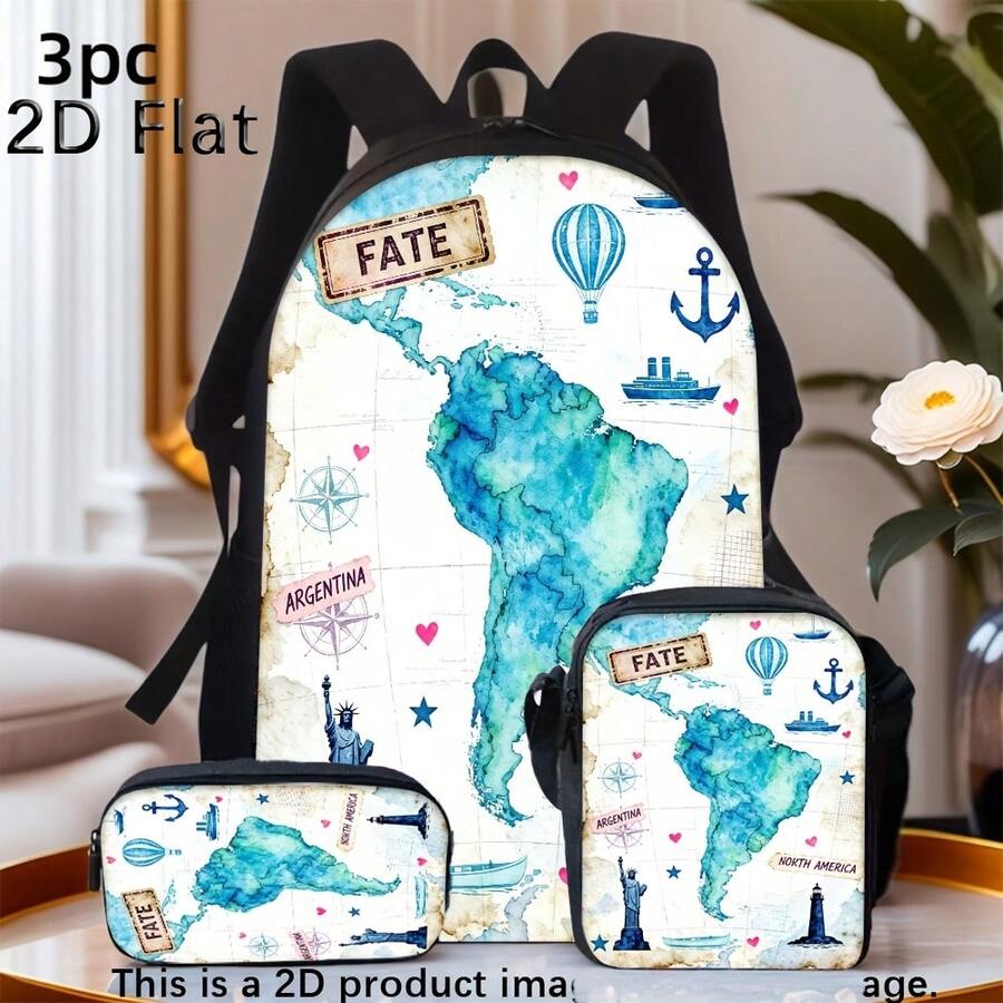3-teiliges Rucksack-Set mit 2D-Vintage-Südamerika-Karte und nautischem Aufdruck, lässiger Alltags-Reiserucksack mit passendem kleinen Taschenset. - Schwarz - Übersicht 1