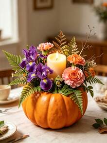 1pc Autumn Pumpkin Decorative Vase With Artificial Roses, Daisies, Fern Floral Arrangement And Candle; Harvest Pumpkin Flower Pot Tabletop Centerpiece Decor, Rustic Farmhouse Style Thanksgiving, Halloween Indoor Decoration, Suitable For Dining Table, Fireplace Mantel, Entryway Shelf, Tiered Tray; Holiday Tabletop Decor, Unique Gift For Autumn Lovers, Gardening Enthusiasts, Housewarming, Birthday Gift - Pumpkin Planter - View 6