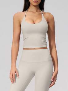 NcmRyu Women's One Set Solid Color Halter Tie U-Neck Backless Cropped Tank Top & High Waist Ankle Pants Sports Set - Grey - View 8